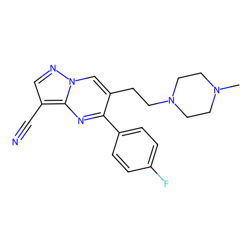 5-(4-fluorophenyl)-6-[2-(4-methylpiperazino)ethyl]pyrazolo[1,5-a]pyrimidine-3-carbonitrile structure