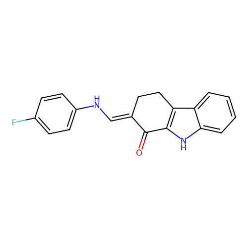 2-[(E)-(4-fluoroanilino)methylidene]-2,3,4,9-tetrahydro-1H-carbazol-1-one structure