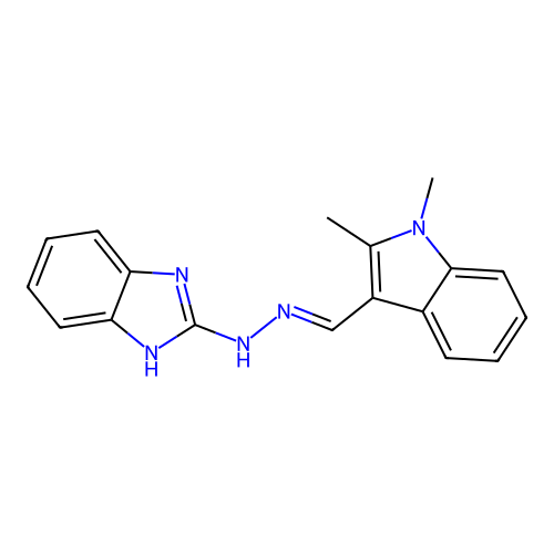 2-{(2E)-2-[(1,2-dimethyl-1H-indol-3-yl)methylidene]hydrazinyl}-1H-benzimidazole structure