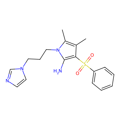 1-[3-(1H-imidazol-1-yl)propyl]-4,5-dimethyl-3-(phenylsulfonyl)-1H-pyrrol-2-amine structure