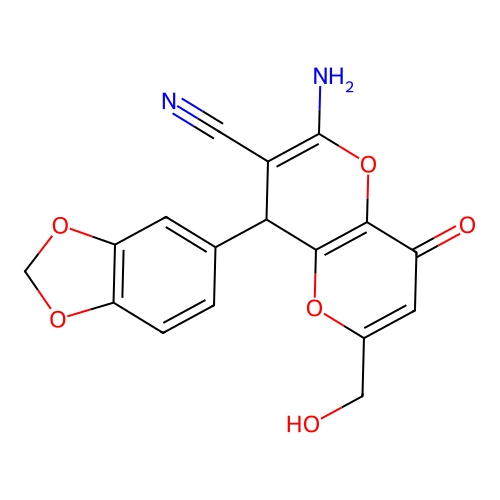 2-amino-4-(1,3-benzodioxol-5-yl)-6-(hydroxymethyl)-8-oxo-4,8-dihydropyrano[3,2-b]pyran-3-carbonitrile structure