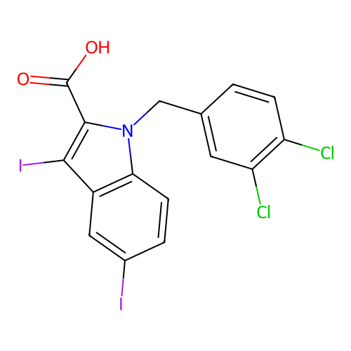 1-(3,4-dichlorobenzyl)-3,5-diiodo-1H-indole-2-carboxylic acid structure