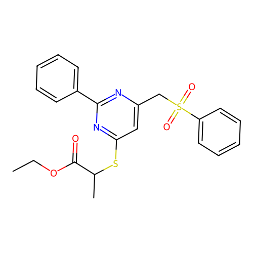 Ethyl 2-({2-phenyl-6-[(phenylsulfonyl)methyl]-4-pyrimidinyl}sulfanyl)propanoate structure