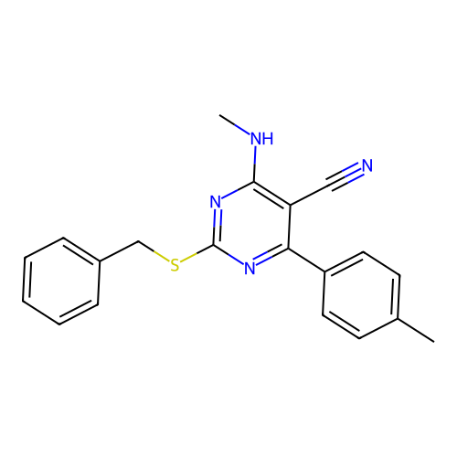 2-(Benzylsulfanyl)-4-(methylamino)-6-(4-methylphenyl)-5-pyrimidinecarbonitrile structure