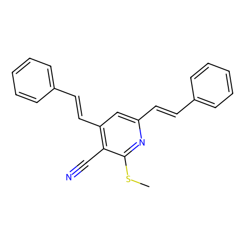 2-(methylsulfanyl)-4,6-bis[(E)-2-phenylethenyl]nicotinonitrile structure