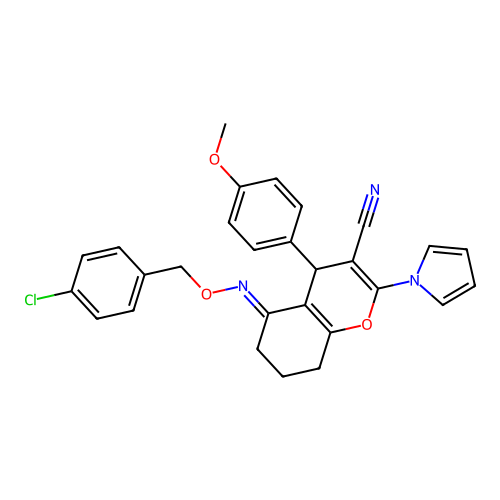 5-[(4-chlorophenyl)methoxyimino]-4-(4-methoxyphenyl)-2-pyrrol-1-yl-4,6,7,8-tetrahydrochromene-3-carbonitrile structure