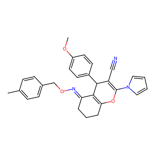 4-(4-methoxyphenyl)-5-[(4-methylphenyl)methoxyimino]-2-pyrrol-1-yl-4,6,7,8-tetrahydrochromene-3-carbonitrile structure