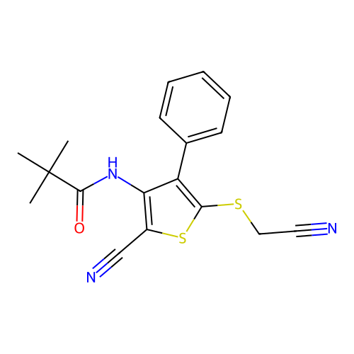 N-{2-cyano-5-[(cyanomethyl)sulfanyl]-4-phenyl-3-thienyl}-2,2-dimethylpropanamide structure