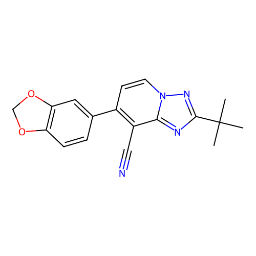 7-(1,3-benzodioxol-5-yl)-2-(tert-butyl)[1,2,4]triazolo[1,5-a]pyridine-8-carbonitrile structure