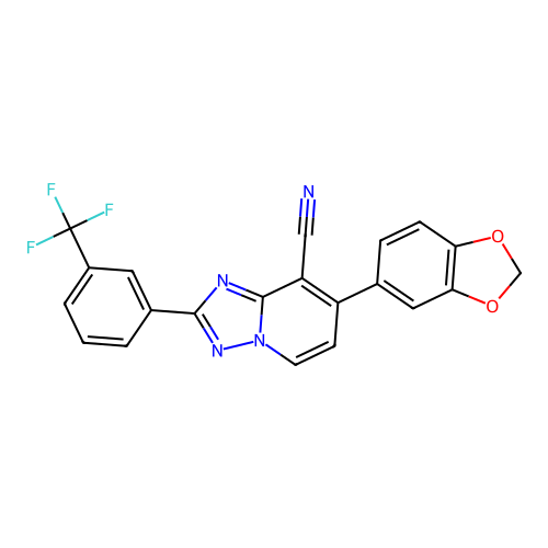 7-(1,3-benzodioxol-5-yl)-2-[3-(trifluoromethyl)phenyl][1,2,4]triazolo[1,5-a]pyridine-8-carbonitrile structure