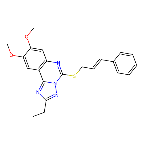 2-ethyl-8,9-dimethoxy-5-(3-phenylprop-2-enylsulfanyl)-[1,2,4]triazolo[1,5-c]quinazoline structure