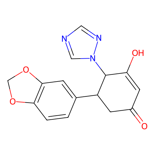 5-(1,3-benzodioxol-5-yl)-3-hydroxy-4-(1H-1,2,4-triazol-1-yl)-2-cyclohexen-1-one structure