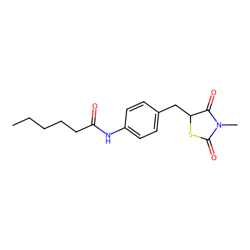 N-{4-[(3-methyl-2,4-dioxo-1,3-thiazolan-5-yl)methyl]phenyl}hexanamide structure