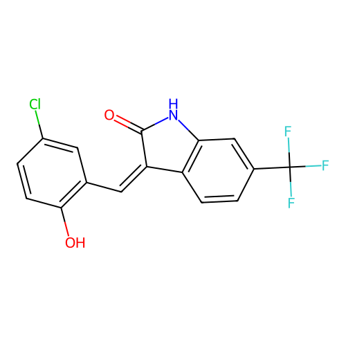 3-[(Z)-(5-chloro-2-hydroxyphenyl)methylidene]-6-(trifluoromethyl)-1H-indol-2-one structure