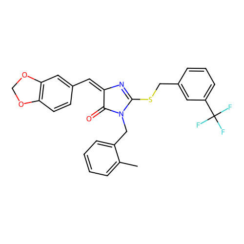 5-(1,3-benzodioxol-5-ylmethylidene)-3-[(2-methylphenyl)methyl]-2-[[3-(trifluoromethyl)phenyl]methylsulfanyl]imidazol-4-one structure