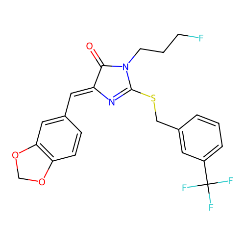 5-(1,3-benzodioxol-5-ylmethylene)-3-(3-fluoropropyl)-2-{[3-(trifluoromethyl)benzyl]sulfanyl}-3,5-dihydro-4H-imidazol-4-one structure