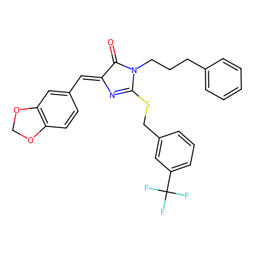 5-(1,3-benzodioxol-5-ylmethylene)-3-(3-phenylpropyl)-2-{[3-(trifluoromethyl)benzyl]sulfanyl}-3,5-dihydro-4H-imidazol-4-one structure