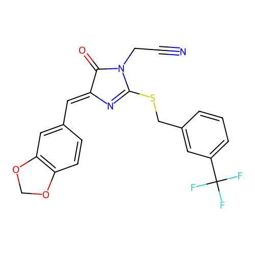 2-(4-[(E)-1,3-benzodioxol-5-ylmethylidene]-5-oxo-2-{[3-(trifluoromethyl)benzyl]sulfanyl}-4,5-dihydro-1H-imidazol-1-yl)acetonitrile structure