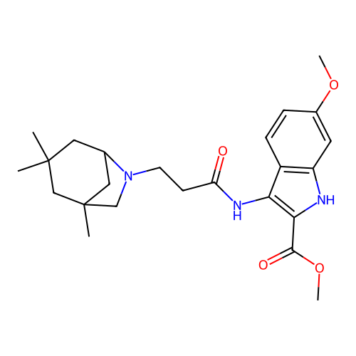 methyl 6-methoxy-3-(3-(1,3,3-trimethyl-6-azabicyclo[3.2.1]octan-6-yl)propanamido)-1H-indole-2-carboxylate structure