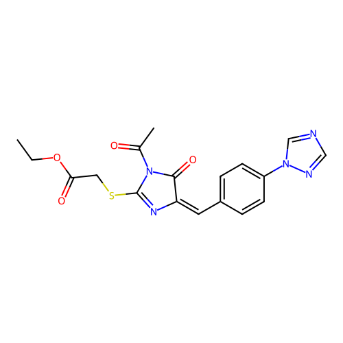 2-[[1-acetyl-5-oxo-4-[[4-(1,2,4-triazol-1-yl)phenyl]methylidene]-2-imidazolyl]thio]acetic acid ethyl ester structure