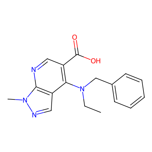 4-[benzyl(ethyl)amino]-1-methyl-1H-pyrazolo[3,4-b]pyridine-5-carboxylic acid structure