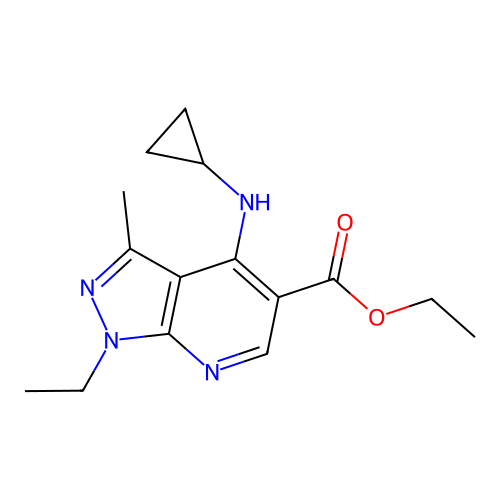 ethyl 4-(cyclopropylamino)-1-ethyl-3-methyl-1H-pyrazolo[3,4-b]pyridine-5-carboxylate structure