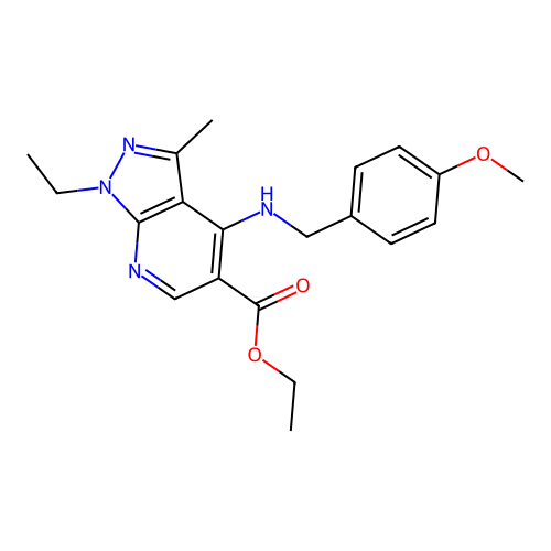 ethyl 1-ethyl-4-[(4-methoxybenzyl)amino]-3-methyl-1H-pyrazolo[3,4-b]pyridine-5-carboxylate structure