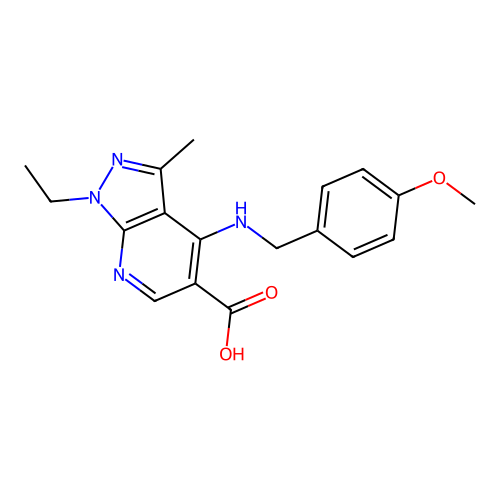 1-ethyl-4-[(4-methoxybenzyl)amino]-3-methyl-1H-pyrazolo[3,4-b]pyridine-5-carboxylic acid structure