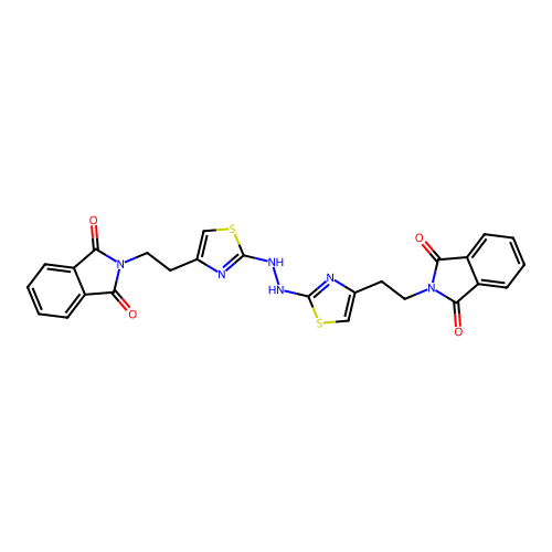 2-{2-[2-(2-{4-[2-(1,3-dioxo-1,3-dihydro-2H-isoindol-2-yl)ethyl]-1,3-thiazol-2-yl}hydrazino)-1,3-thiazol-4-yl]ethyl}-1H-isoindole-1,3(2H)-dione structure