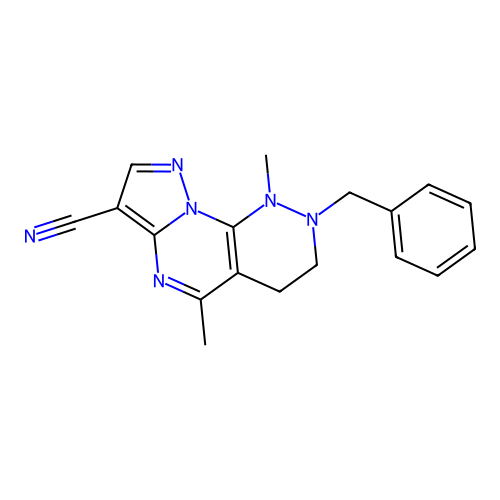 2-benzyl-1,5-dimethyl-1,2,3,4-tetrahydropyrazolo[5',1':2,3]pyrimido[4,5-c]pyridazine-7-carbonitrile structure