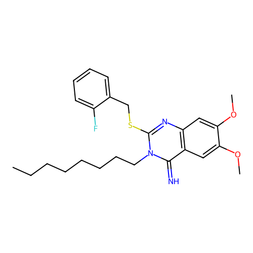 2-[(2-fluorobenzyl)sulfanyl]-6,7-dimethoxy-3-octyl-4(3H)-quinazolinimine structure