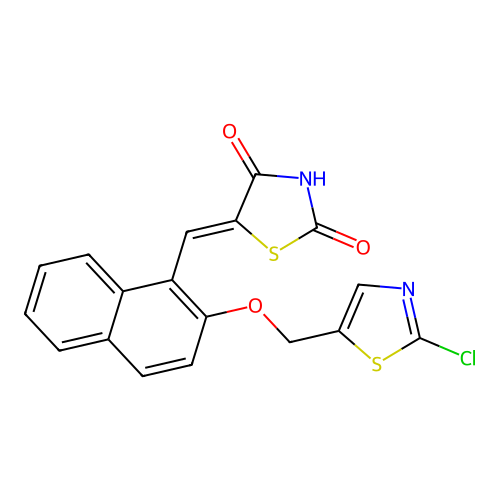 (5Z)-5-({2-[(2-chloro-1,3-thiazol-5-yl)methoxy]naphthalen-1-yl}methylidene)-1,3-thiazolidine-2,4-dione structure