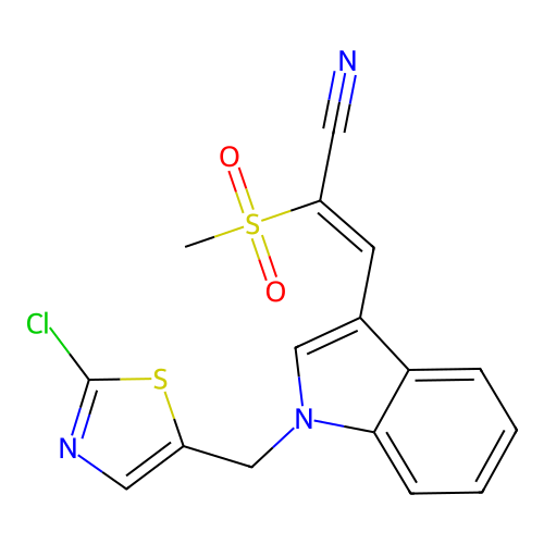 (E)-3-{1-[(2-chloro-1,3-thiazol-5-yl)methyl]-1H-indol-3-yl}-2-(methylsulfonyl)-2-propenenitrile structure