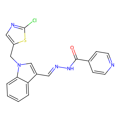 N'-((E)-{1-[(2-chloro-1,3-thiazol-5-yl)methyl]-1H-indol-3-yl}methylidene)isonicotinohydrazide structure