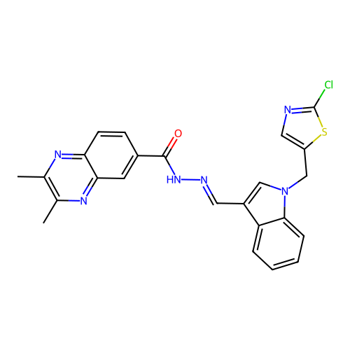 2,3-Dimethyl-6-quinoxalinecarboxylic acid 2-[[1-[(2-chloro-5-thiazolyl)methyl]-1H-indol-3-yl]methylene]hydrazide structure