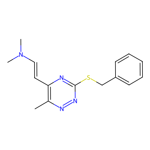 (E)-2-(3-benzylsulfanyl-6-methyl-1,2,4-triazin-5-yl)-N,N-dimethylethenamine structure