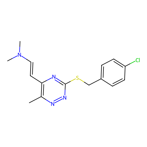 (E)-2-{3-[(4-chlorobenzyl)sulfanyl]-6-methyl-1,2,4-triazin-5-yl}-N,N-dimethyl-1-ethenamine structure
