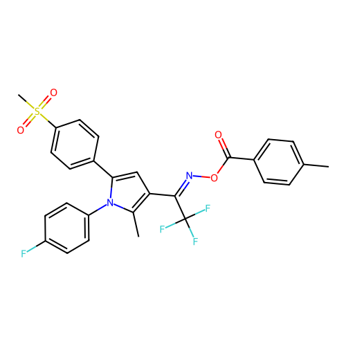 [[2,2,2-trifluoro-1-[1-(4-fluorophenyl)-2-methyl-5-(4-methylsulfonylphenyl)pyrrol-3-yl]ethylidene]amino] 4-methylbenzoate structure