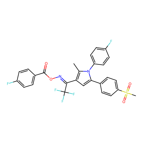 [[2,2,2-trifluoro-1-[1-(4-fluorophenyl)-2-methyl-5-(4-methylsulfonylphenyl)pyrrol-3-yl]ethylidene]amino] 4-fluorobenzoate structure