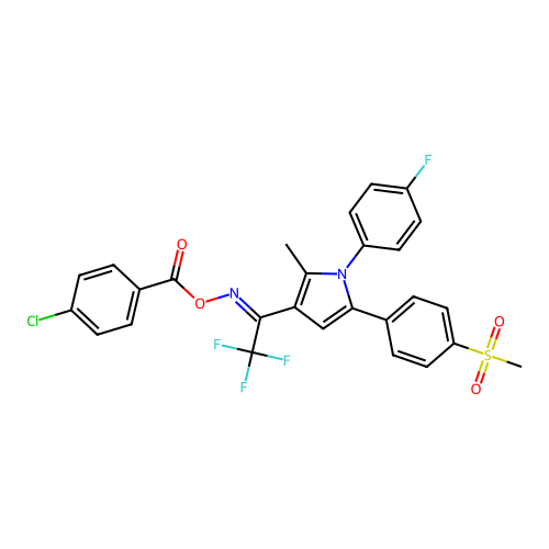 [[2,2,2-trifluoro-1-[1-(4-fluorophenyl)-2-methyl-5-(4-methylsulfonylphenyl)pyrrol-3-yl]ethylidene]amino] 4-chlorobenzoate structure