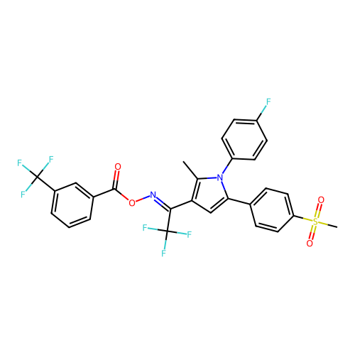 [[2,2,2-trifluoro-1-[1-(4-fluorophenyl)-2-methyl-5-(4-methylsulfonylphenyl)pyrrol-3-yl]ethylidene]amino] 3-(trifluoromethyl)benzoate structure