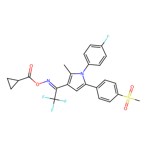 [[2,2,2-trifluoro-1-[1-(4-fluorophenyl)-2-methyl-5-(4-methylsulfonylphenyl)pyrrol-3-yl]ethylidene]amino] cyclopropanecarboxylate structure
