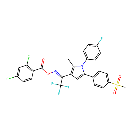 [[2,2,2-trifluoro-1-[1-(4-fluorophenyl)-2-methyl-5-(4-methylsulfonylphenyl)pyrrol-3-yl]ethylidene]amino] 2,4-dichlorobenzoate structure