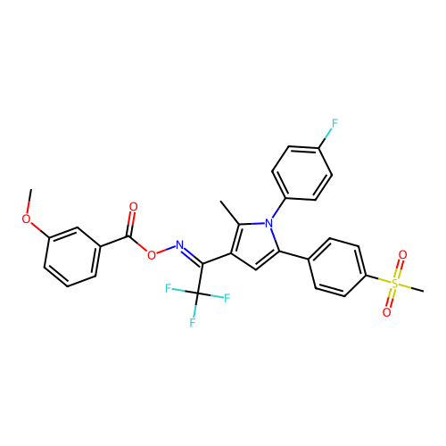 [[2,2,2-trifluoro-1-[1-(4-fluorophenyl)-2-methyl-5-(4-methylsulfonylphenyl)pyrrol-3-yl]ethylidene]amino] 3-methoxybenzoate structure