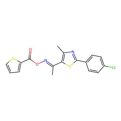 [1-[2-(4-chlorophenyl)-4-methyl-1,3-thiazol-5-yl]ethylideneamino] thiophene-2-carboxylate structure