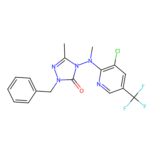 2-benzyl-4-[[3-chloro-5-(trifluoromethyl)-2-pyridinyl](methyl)amino]-5-methyl-2,4-dihydro-3H-1,2,4-triazol-3-one structure