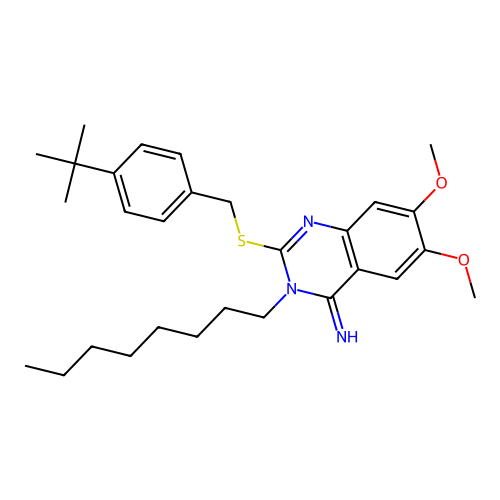 2-{[4-(tert-butyl)benzyl]sulfanyl}-6,7-dimethoxy-3-octyl-4(3H)-quinazolinimine structure
