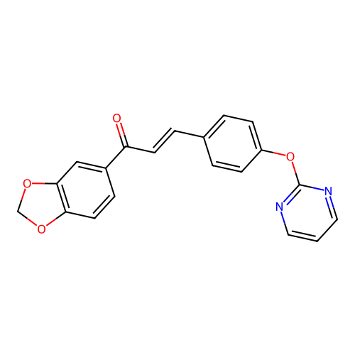 (E)-1-(1,3-benzodioxol-5-yl)-3-[4-(2-pyrimidinyloxy)phenyl]-2-propen-1-one structure