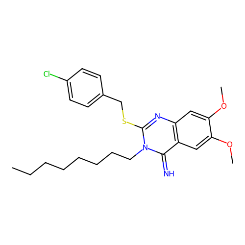 2-[(4-chlorobenzyl)sulfanyl]-6,7-dimethoxy-3-octyl-4(3H)-quinazolinimine structure