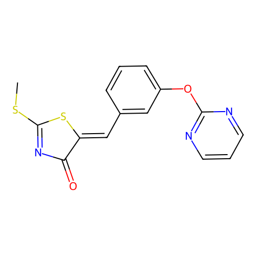 2-Methylsulfanyl-5-[(3-pyrimidin-2-yloxyphenyl)methylidene]-1,3-thiazol-4-one structure